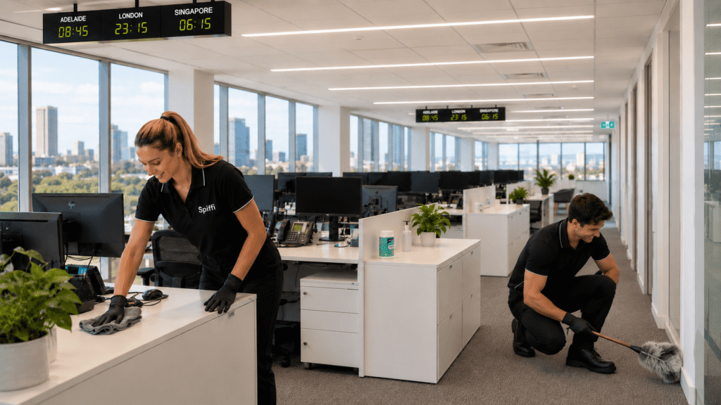 Professional office cleaners cleaning workstations and floors in a modern Adelaide office.