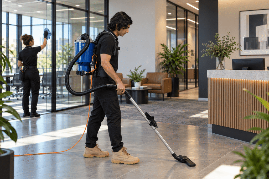 Professional commercial cleaners vacuuming floors and cleaning glass in a modern Adelaide office.