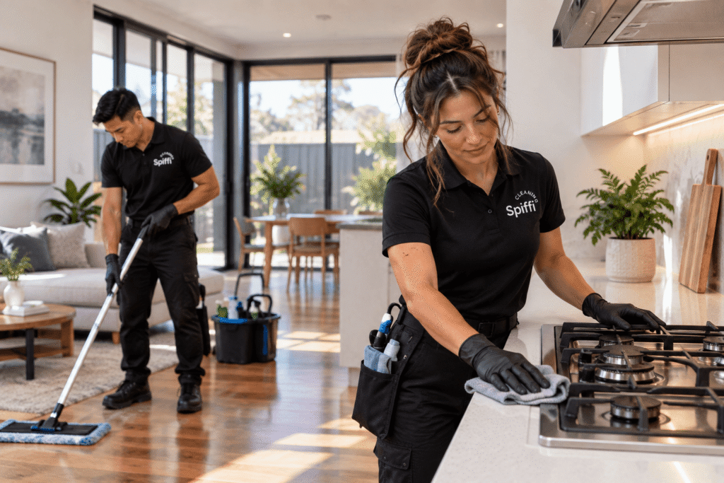 Two cleaners from Spiffi Cleaning working in a bright, modern living room and kitchen.