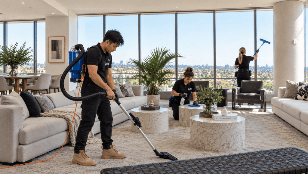 Professional house cleaner vacuuming a modern living room in Adelaide.