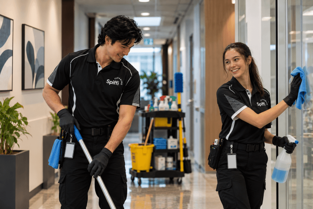 Professional medical clinic cleaners in Adelaide, cleaning floors and sanitising high-touch surfaces in a healthcare facility.