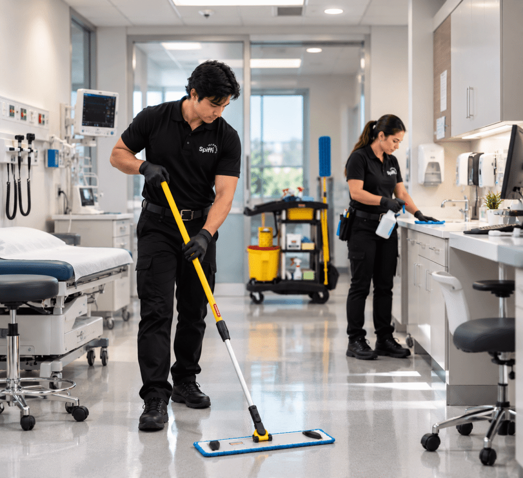 Spiffi Cleaning team providing professional medical clinic cleaning in Adelaide, including floor cleaning and surface disinfection.