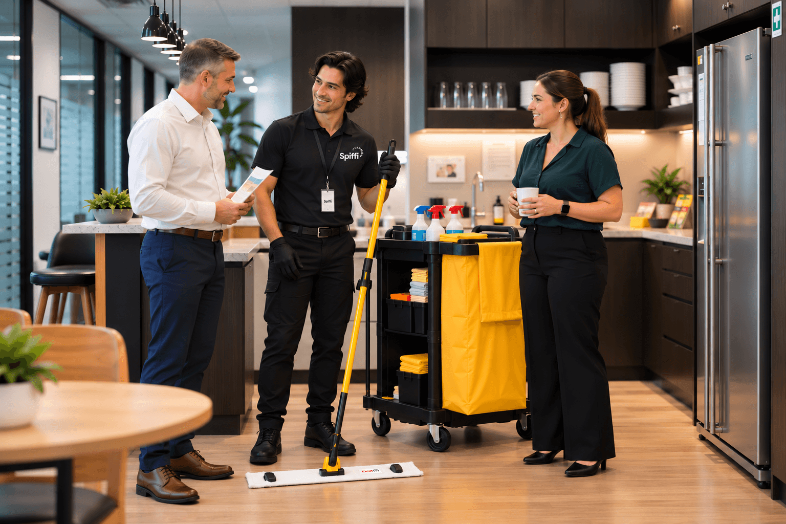 Friendly Spiffi Cleaning team discussing office cleaning services with facility managers